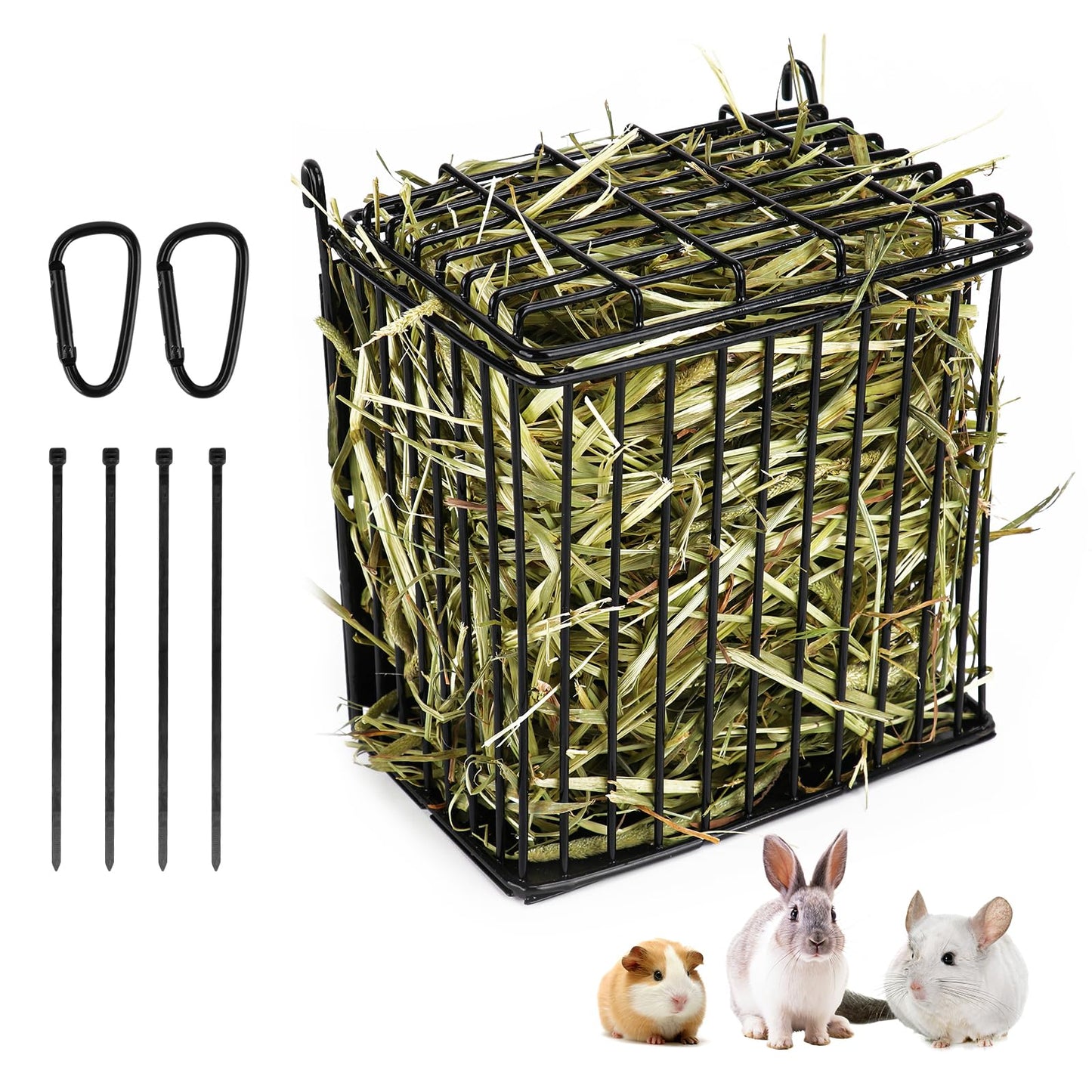 ANDOUNIER New Upgraded Rabbit Hay Feeder,Comes with Lid to Prevent Critters from Jumping in,Metal Frame Hay Rack with Adjustable Hook,for Rabbits Guinea Pigs Bunny Chinchillas Small Animals (Black)