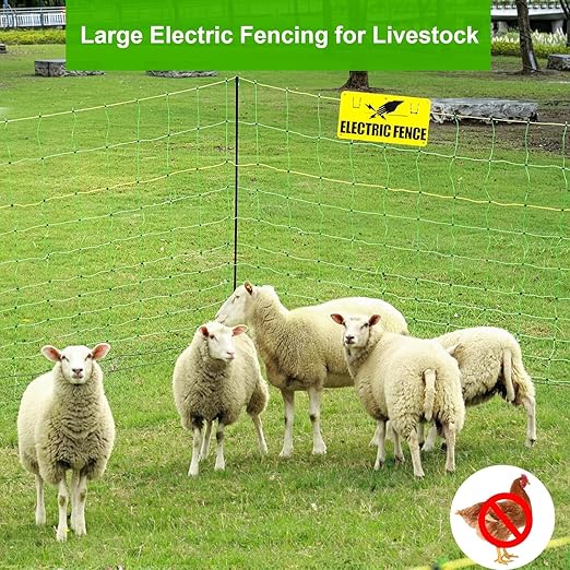 Electric Fence Netting,Livestock Neting,49.6" x 164' Portable Electric Net Fence for Goats,Sheep, Lambs,Hogs in Backyards,Farms,Ranches,Homesteads and Gardens,(14 Posts, 2 Spikes,Green)
