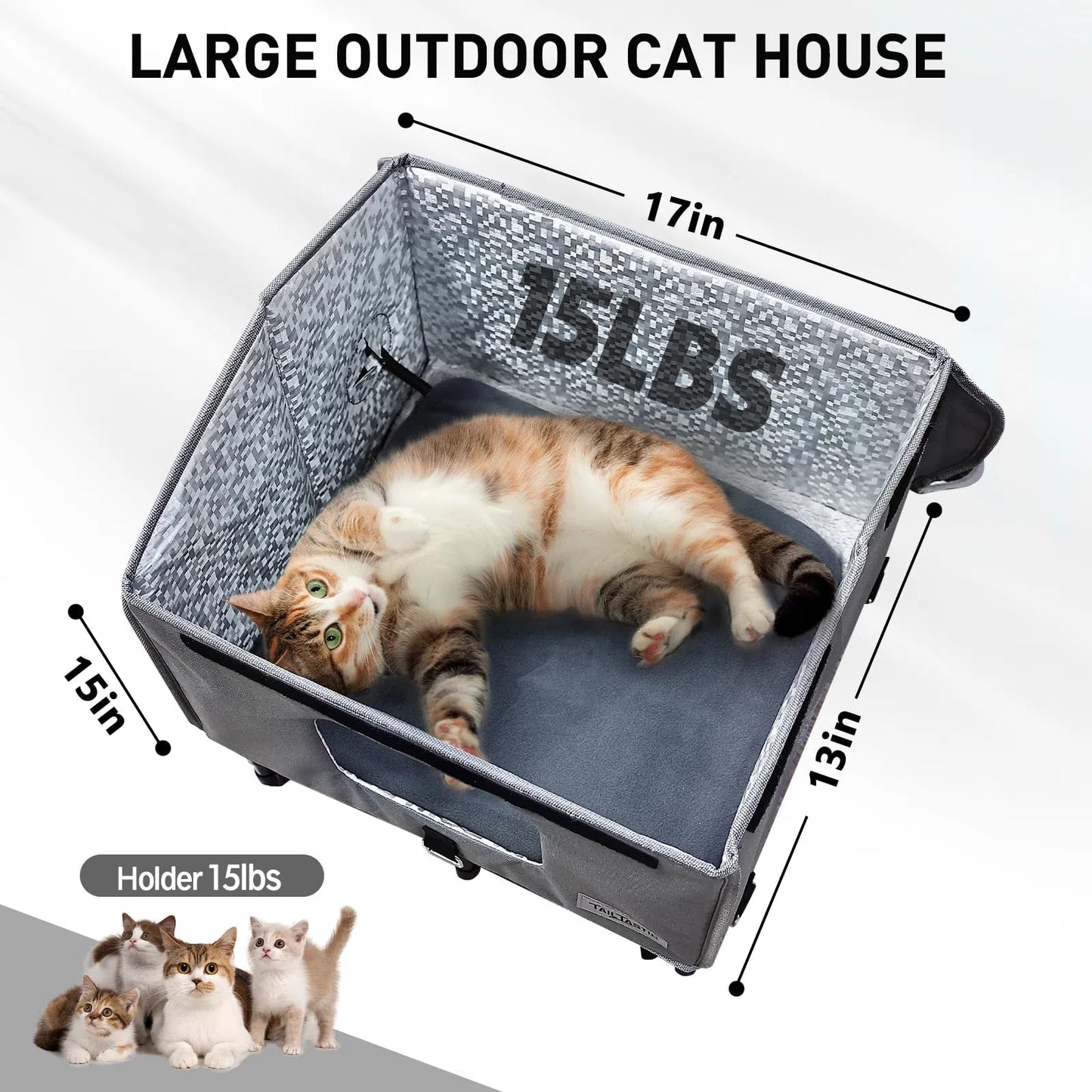 Tailtastic Heated Outdoor Cat House,Weather-Resistant Insulated Cat Shelter with Elevated Stand,Winter-Ready for Stray Cats, No Assembly Needed,17"x15"x13" (Grey)
