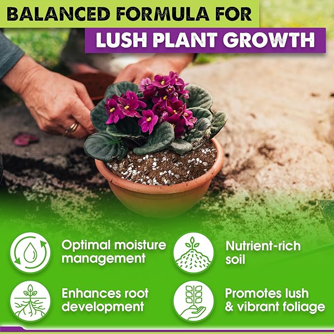 DUSPRO Recycle Premium 4-in-1 African Violet Potting Soil African Violet Soil Blend with Perlite, Coco Coir, Pumice, Pine Bark for Optimal Moisture Retention & Drainage 4QT