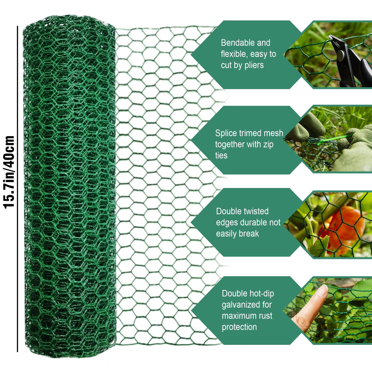 16.4Ft x16In Chicken Wire for Floral Arrangements - Free-Cut Green Metal Mesh with Hexagonal Galvanized PVC Coated Netting Guard Fence for Poultry, Garden, Plant