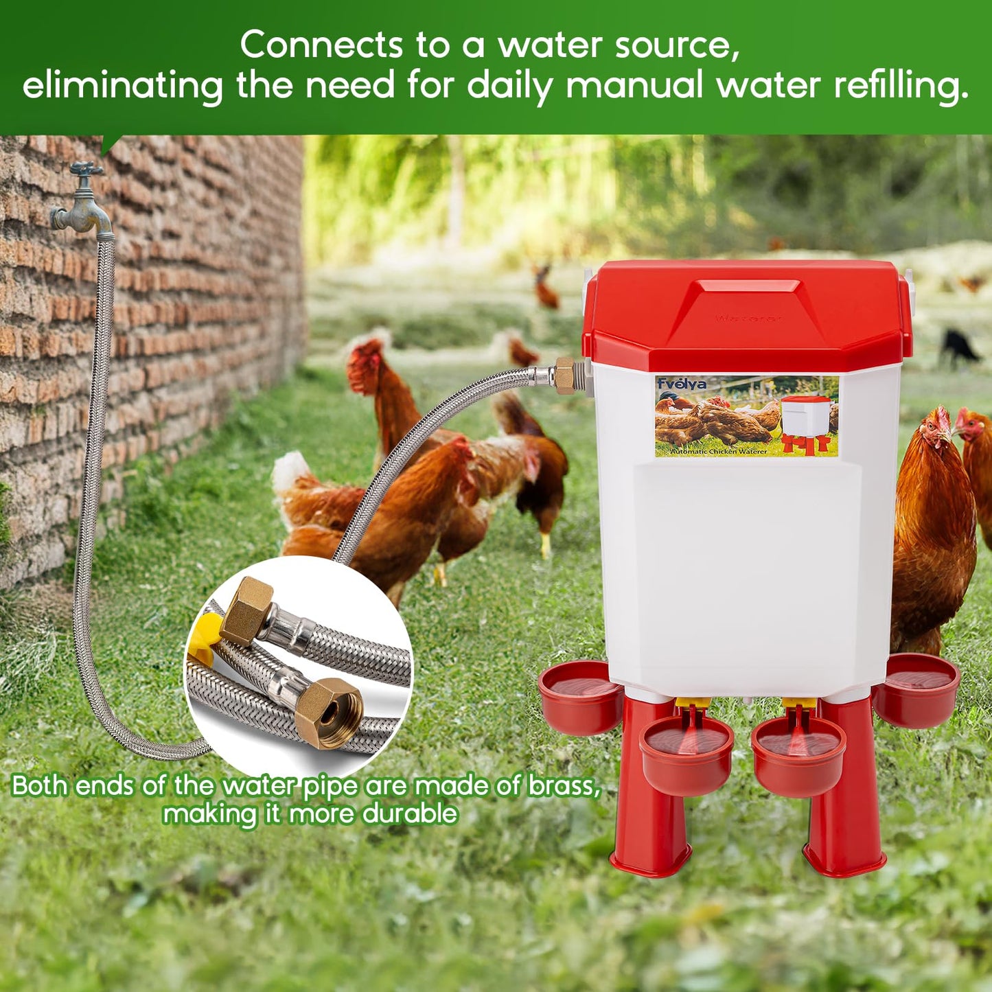 Automatic Chicken Waterer Filtered Float-Controlled Large Chicken Water Feeder Poultry Waterer Kit with Stainless Steel Metal Hose