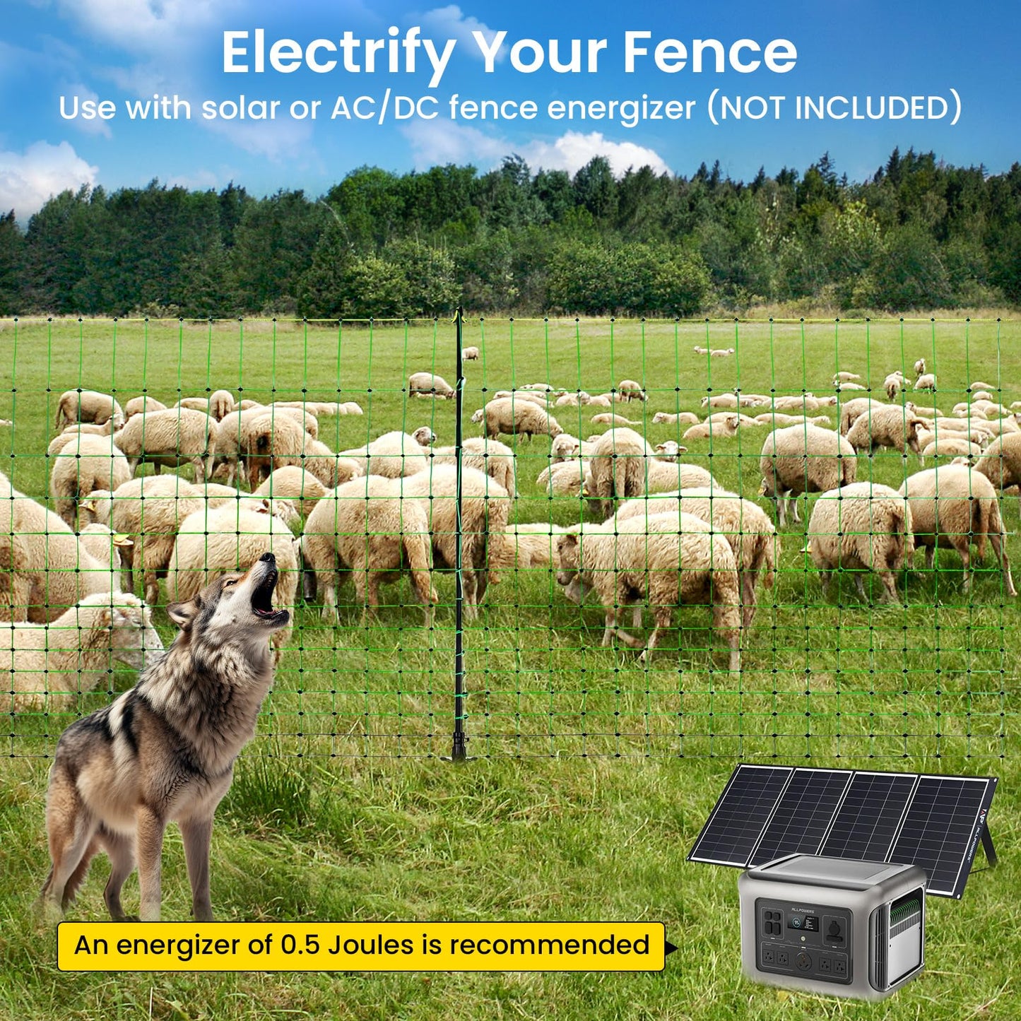 Electric Fence Netting, 164'L x 42.5" H Movable Livestock Nets for Sheep, Hogs, Cattle, PE Net Fencing Kit with 14 Posts Double Spiked, Electric Fencing for Backyards, Homesteaders, Farms Ranches