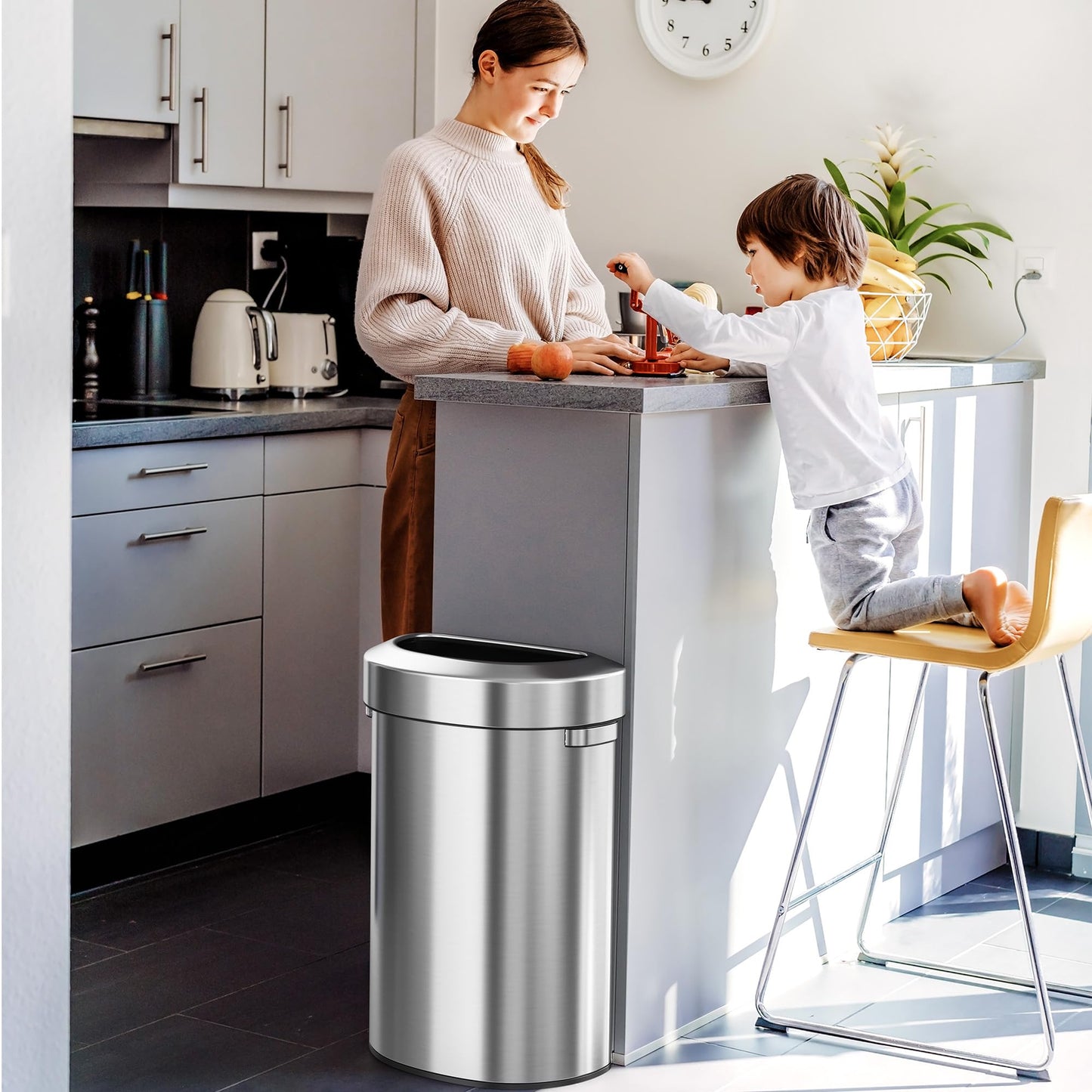 iTouchless 23 Gallon Stainless Steel Semi-Round Open Top Trash Can and Recycle Bin, 87 Liter, Slim and Space-Saving Design for Home, Office, Kitchen, Restaurant, Restroom, Large Capacity