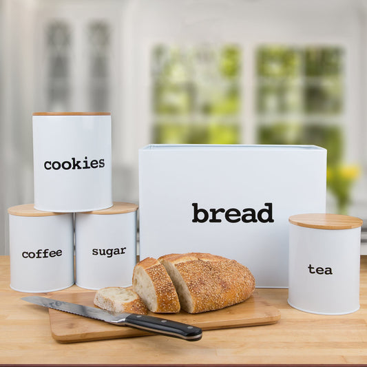 Airtight Metal Canister Set for the Kitchen w Lids and Cutting Board and Lids (10pc Set) - Organize Tea, Sugar, Coffee, Cookie Jar, Snacks, Breadbox with Ease - Kitchen Gift for the Cooking Enthusiast