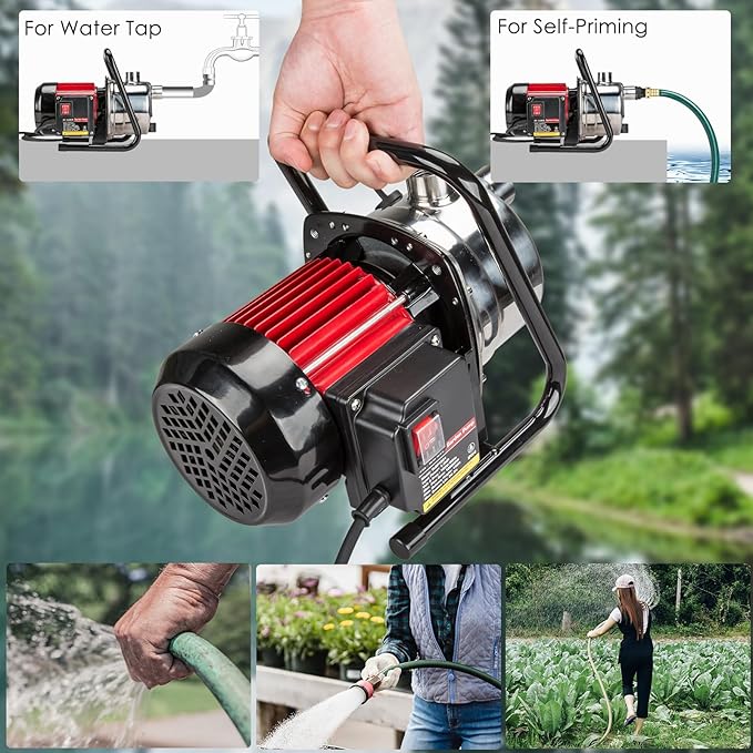 Water Transfer Garden Pump, 1.6 HP 1000GPH Portable Electric Shallow Well Jet Pump, Stainless Steel Sprinkler Pressure Booster Pump for Pool Draining, Lawn Fountain, Irrigation, Water Removal