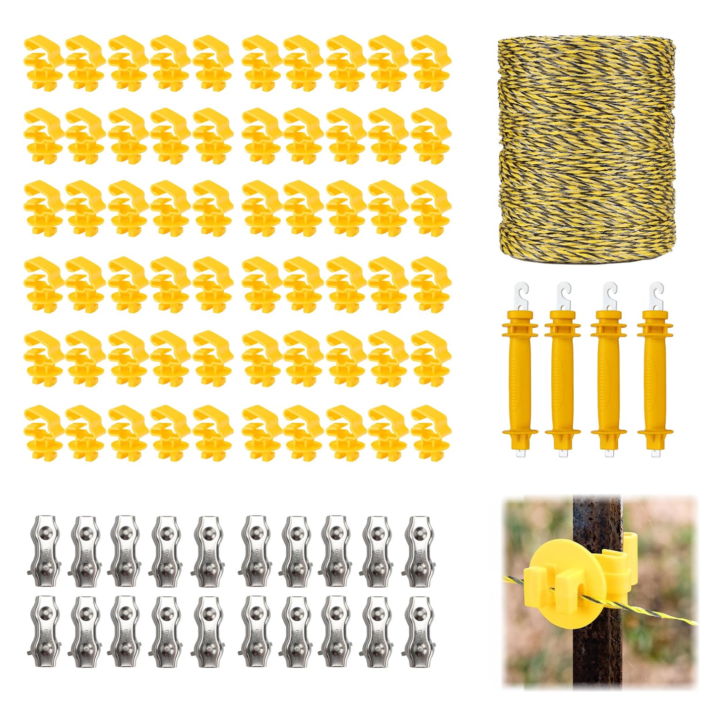 Electric Fence Wire Kit - 1640 Feet 500 Meters Electric Fence Polywire, 50 PCS T-Post Insulators, 4 PCS Robber Electric Fence Gate Handle Insulators, 20 PCS M4 Poly Rope Connectors