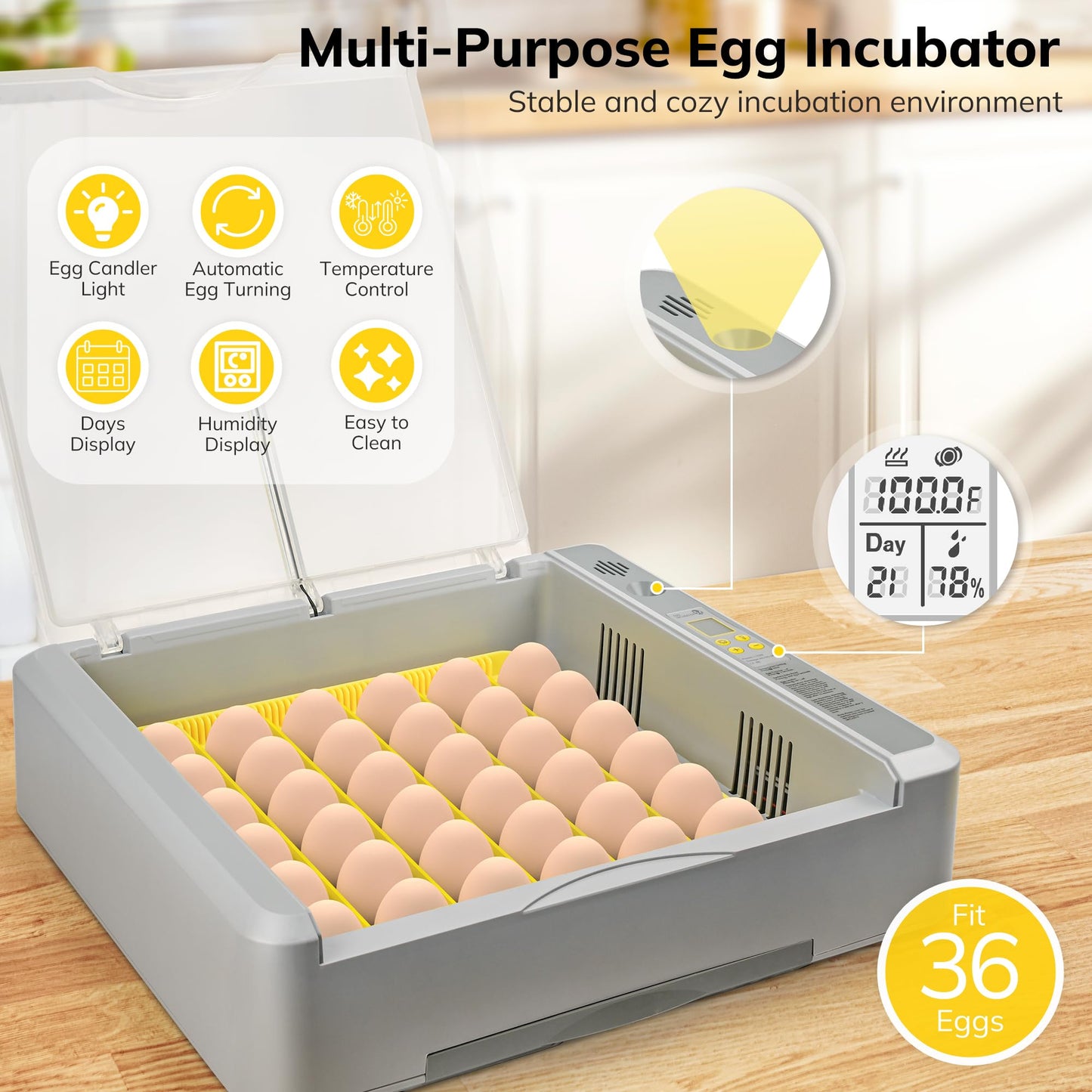 36-60 Egg Incubator with Automatic Egg Turning and Humidity Control, Chicken Egg Incubator with Digital Display, Adjustable Egg Incubators for Hatching Eggs Include Chicken Duck Quail Eggs