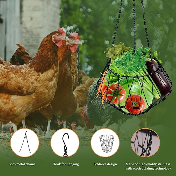 Hanging Chicken Feeder Accessories, Coop Must Haves -Foldable 6.5Inch Large Poultry Vegetable Fruits Chicken Treat Dispenser with 3pcs Hanging Chain,Chicken Toys for coop (Chicken Feeder 2 Pack)