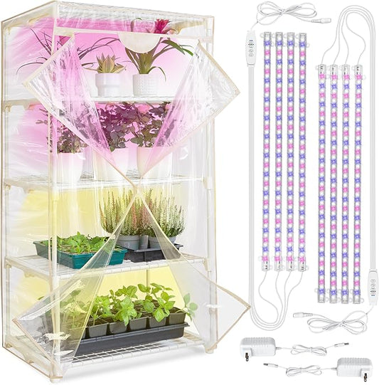 Carpathen Indoor Greenhouse with Grow Lights - 4 Tiers 27.2"L x 19.3"W x 54"H with 2 Dimmable 15W Full Spectrum LED Light Strips and Spectrum Control - Mini Greenhouse with Waterproof Zipped PVC Cover