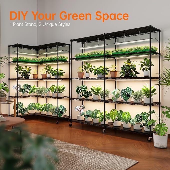Bstrip 5-Tier Corner Plant Stand with Grow Lights, Large L-Shaped or Long Shape Indoor Plant Shelf, 8 Pack 192W T8 Full Spectrum Grow Lights for Indoor Plants & Seed Starting (58L x 13.8W x 59H)