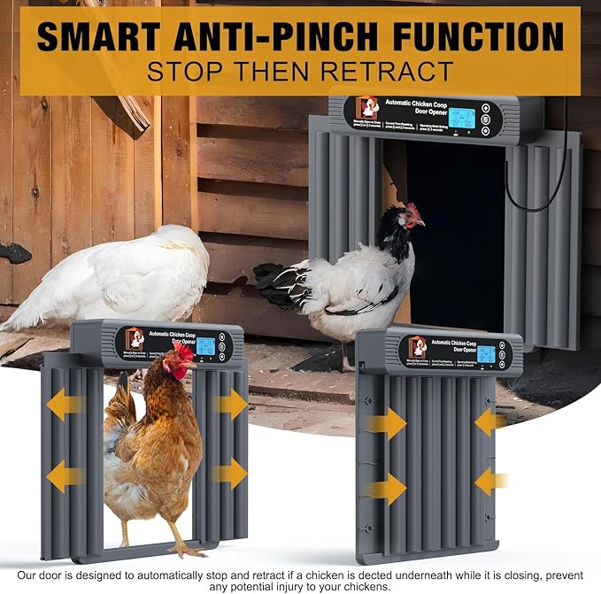 Automatic Chicken Coop Door, Anti-Pinch Protection, Extra Large Size, Programmable Timer & Light Sensor Modes, LCD Display, Solar Powered Auto Chicken Door Opener with Remote Control