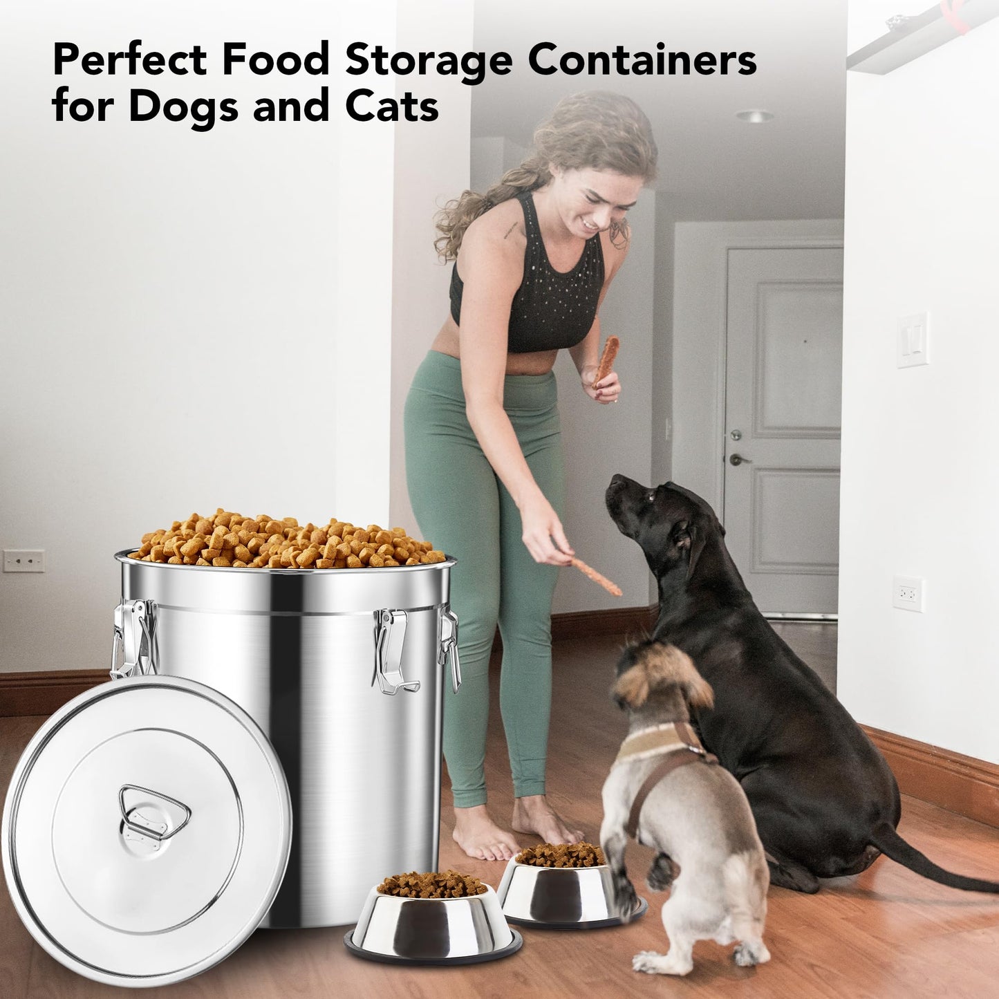 Newget Dog Food Storage Containers, Large Stainless Steel Pet Food Storage Containers 25 lb / 11.5 kg to Keep Fresh, Metal Airtight Cat Food Containers With Scoop and 2 Small Containers