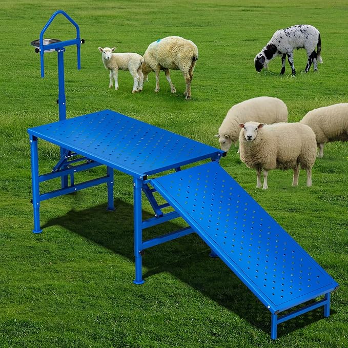 Professional Goat Milking and Trimming Stand with Ramp, Sheep and Goat Grooming Platform, Livestock Care Equipment (Blue with Ramp)