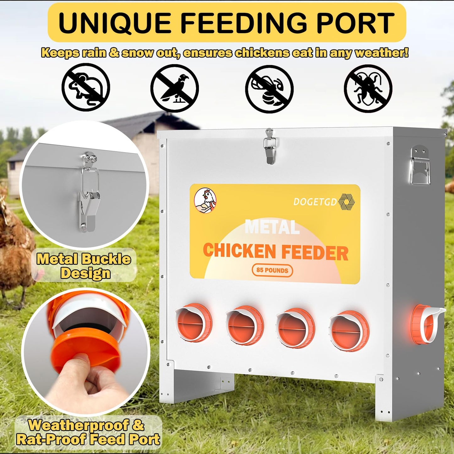 Automatic Chicken Feeder No Waste Metal Poultry Feeder Large Capacity 85lbs for Chickens, Geese, Ducks, Turkeys, Quails (10-Port)