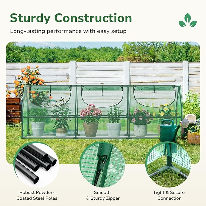 Greatbuddy Portable Mini Greenhouse, 3×3×9Ft, High-Density PE Plant Cover with 3 Roll-up Zipper Windows, Perfect for Outdoor Plant Growing