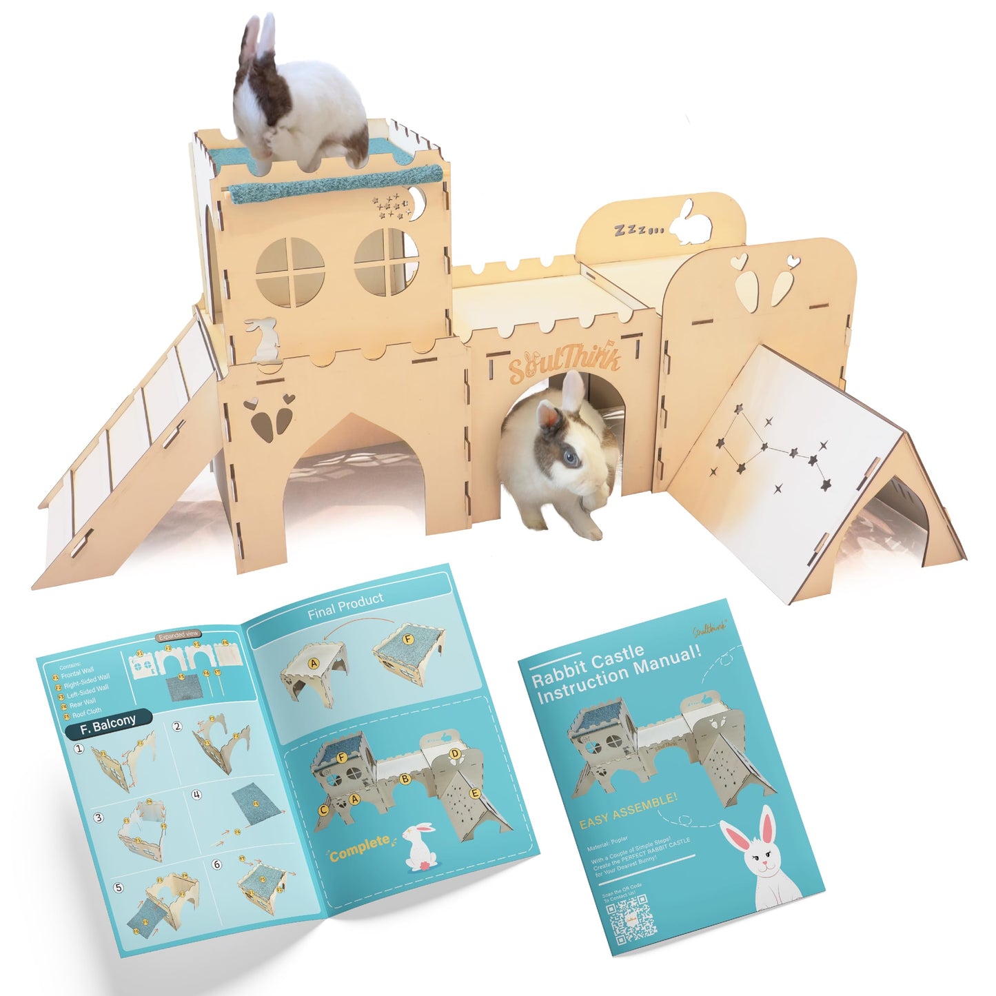Soulthink® Extra Large Rabbit Hideout and Castle - Easy to Assemble Wooden Houses and Hideouts with Ramps and Tunnels Bunny Castle and Rabbit House for Rabbits to Hide and Play Indoor