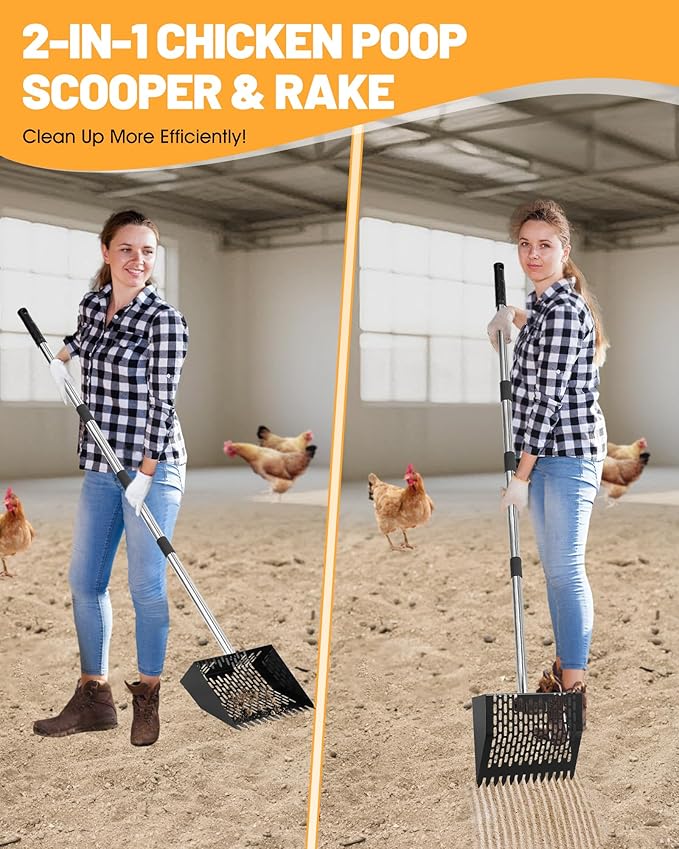 Chicken Poop Scooper & Rake - 2-in-1 Metal Chicken Coop Scoop for Sand with 22 to 62" Adjustable Handle, Litter Sifting Shovel Cleaning Tools for Chicken Run, Animal Farm, Duck Coop Black