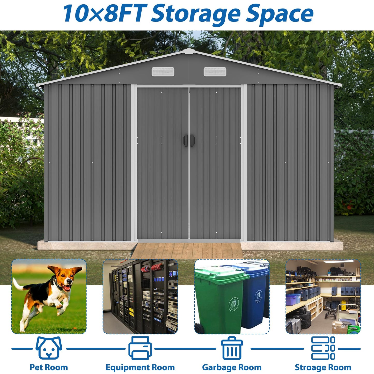 KEIKI Storage Shed 10x8 FT, Large Metal Tool Shed for Outdoor Storage, Galvanized Steel Garden Shed with Lockable Sliding Doors for Patio, Backyard, Lawn, Grey