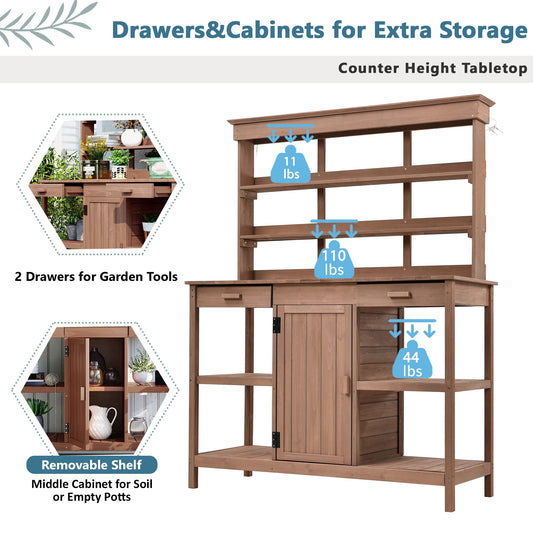 Merax 66" Large Outdoor Farmhouse Wooden Potting Bench Table, Garden Workstation with 2 Drawers, Cabinet, and Open Shelves for Backyard, Mudroom, Brown