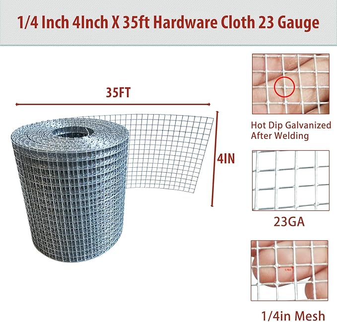 Galvanized Hardware Cloth 1/4 Inch 23 Gauge - 4" x 35ft Heavy Duty Welded Wire Mesh, Hot-Dip Galvanized After Welding for Durability - Chicken Fence, Garden Fencing, Rabbit Barrier, DIY Crafts
