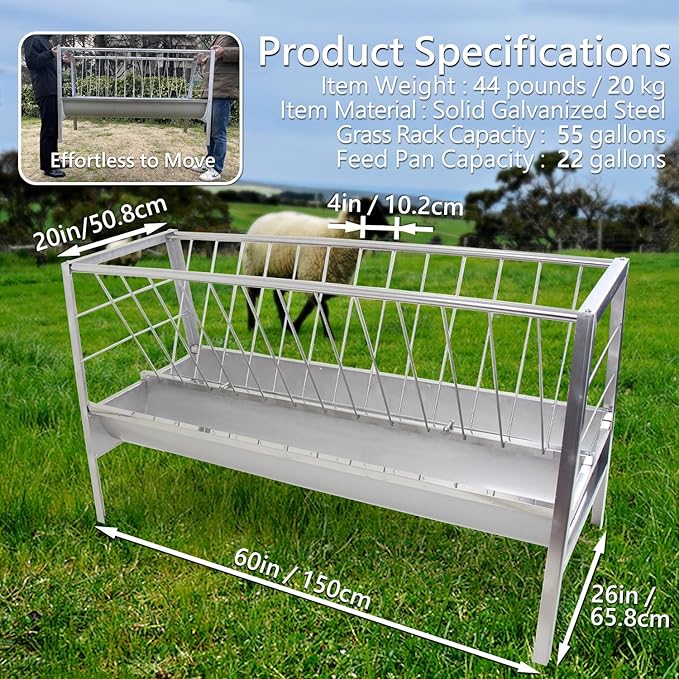Stainless Steel Pasture Feeder, 5-Feet, 77 Gallon Capacity Livestock Feeder with Deeper Feeding Pan, Easy to Assemble and Carry, Feeding Goats, Sheep and Ponies, for Farms, Sheep Sheds