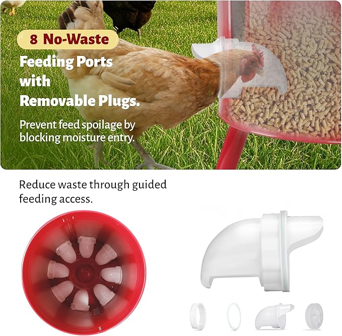 KOL 75 LB Large Free Standing Chicken Feeder, Portable Gravity Chicken Feeder Automatic, Dispenser, 8 Feeding Ports Poultry Feeder for Chicken Rooster & Hen (Red)