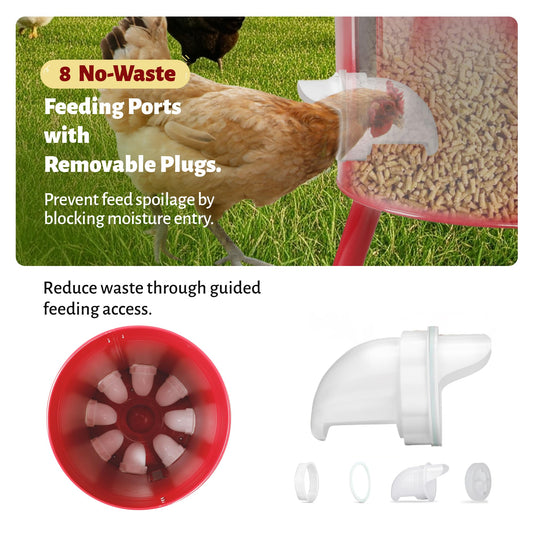 KOL 75 LB Large Free Standing Chicken Feeder, Portable Gravity Chicken Feeder Automatic, Dispenser, 8 Feeding Ports Poultry Feeder for Chicken Rooster & Hen (Red)