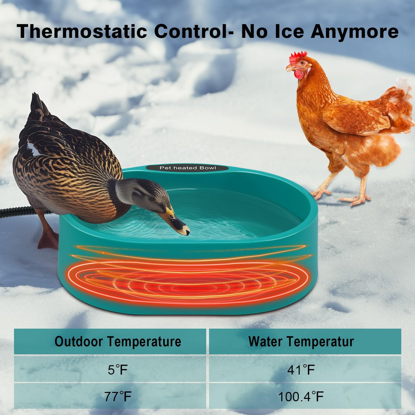 GHWMYD Heated Water Bowl for Chicken, Large Capacity 125OZ Poultry Water Heater for Hens Turkey Goose Duck Pigeon Poultry Birds Drinker in Winter, Chicken Coop Accessories No More Frozen Food Water