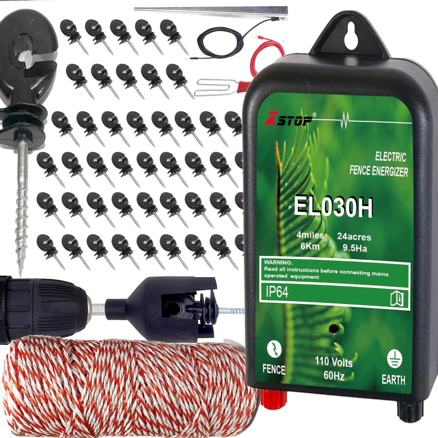 Electric Fence Charger Full Set,3.7 Miles Electric Fence Energizer with 656 Feet Fence Wire, 50Pcs Electric Insulators,1Pc Insulator Socket Tool,1pc Fence Connection Lead and 1Pc Earth Stake