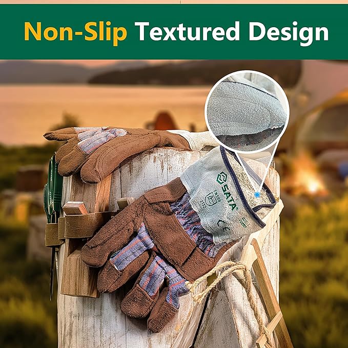 SATA Heavy Duty Halfleather Work Gloves, Doublelayer Cowhide, Cotton Lining, Leather Palm, Gardening, Yard Gloves