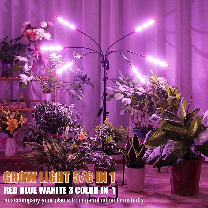 Grow Lights for Indoor Plants Full Spectrum with Stand and Timer, 5 Heads LED Plant Lights for Indoor Growing, Standing Floor House Plant Lamp for Seed Starting. (Red+Blue+White)
