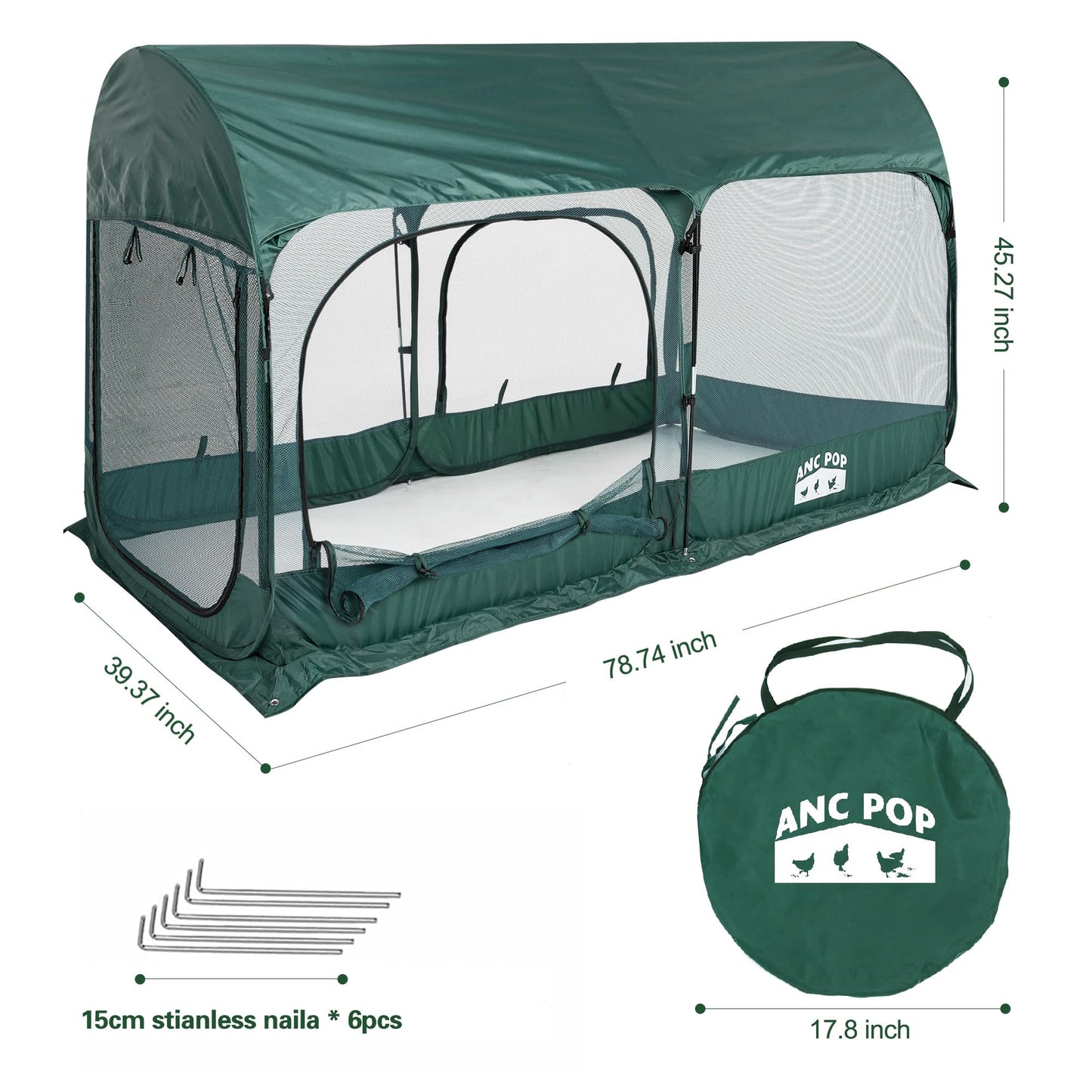 ANC POP Portable Chicken Run Large Pop-Up Chicken Pen for Small Animals Outdoor Gardening Net with 3 Doors and Handbag, Easy to Install and Storage, Green