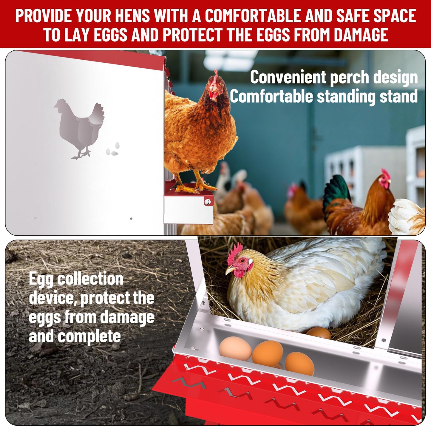 GarveeLife Nesting Boxes for Chickens, 10 Compartment Chicken Nesting Box, Metal Chicken Laying Boxes with Perch, Secure Lid, Versatile Wall Mount or Free Standing for Hens, Red