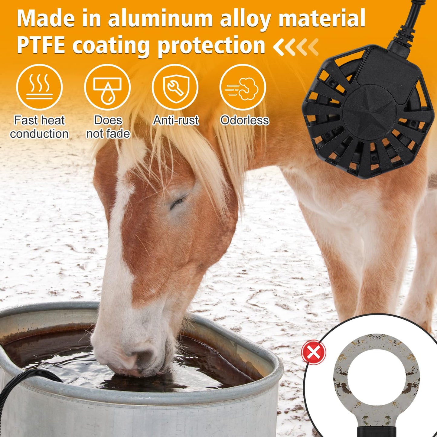 Horse Water Heater - 500W De-icer for 50 Gallon Cows Sheep Livestock Water Trough Tank Bird Bath, Chicken Water Heater Winter Outdoor Thermostatic Control Aluminum Painted PTFE Submersible Heater