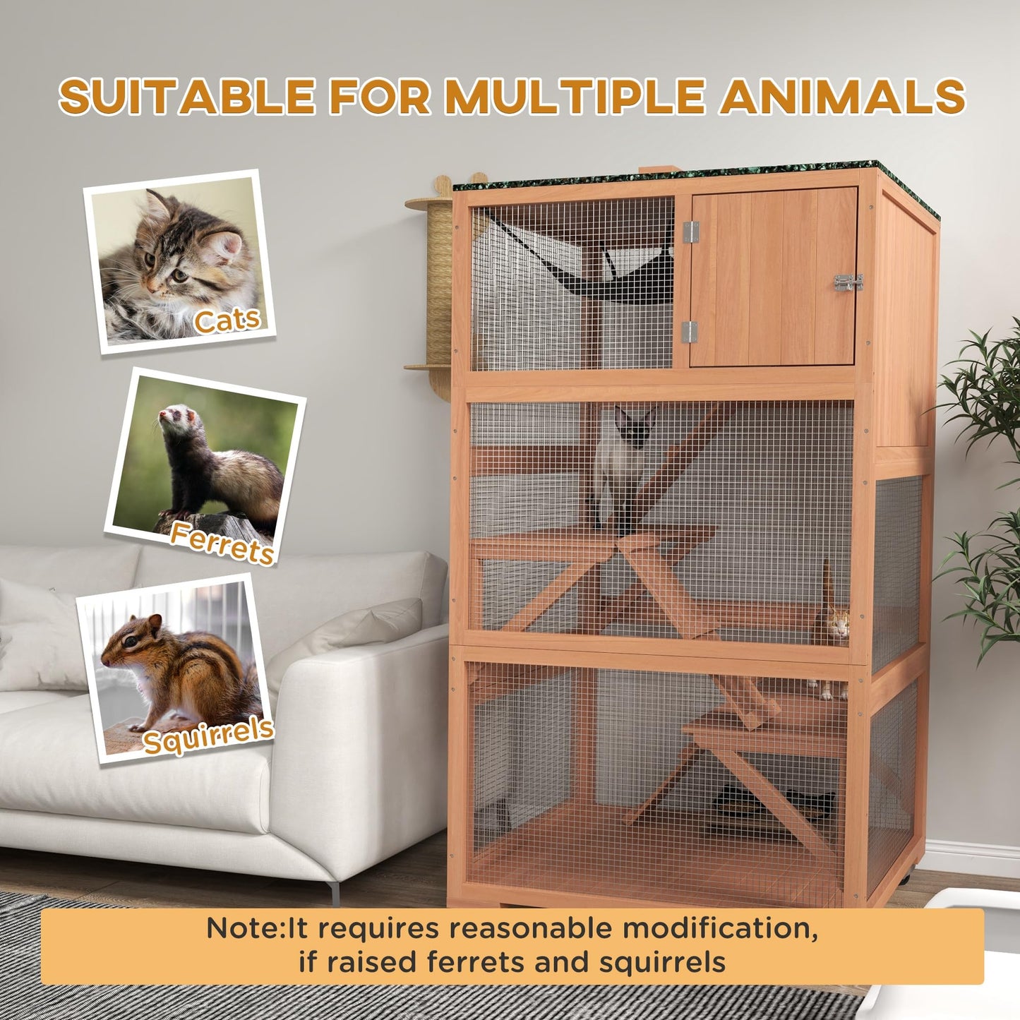 PawHut 2 Piece Catio, Outdoor Cat Enclosure House, Wooden Feral Cat Shelter on Wheels, Cat Cage with Hammocks, Platforms Ramps, and Weather Protection Asphalt Roof, 34", Orange
