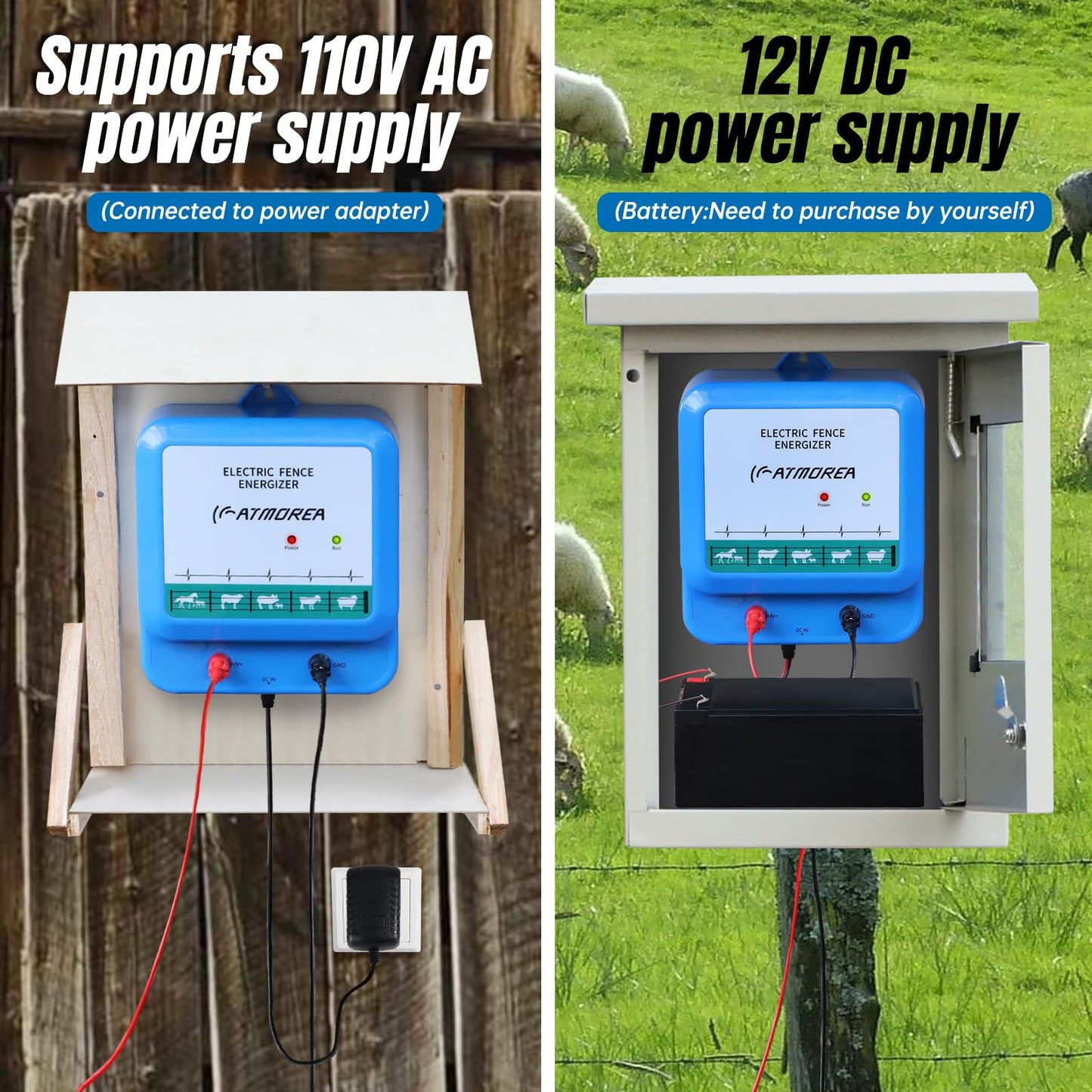 ATMOREA Electric Fence Charger - Multi-Powered, 4.5 Joules High-Power Output Energizer, Repels Large Wildlife - Ideal for Livestock, Pet, Poultry, Gardens, Orchards Protection