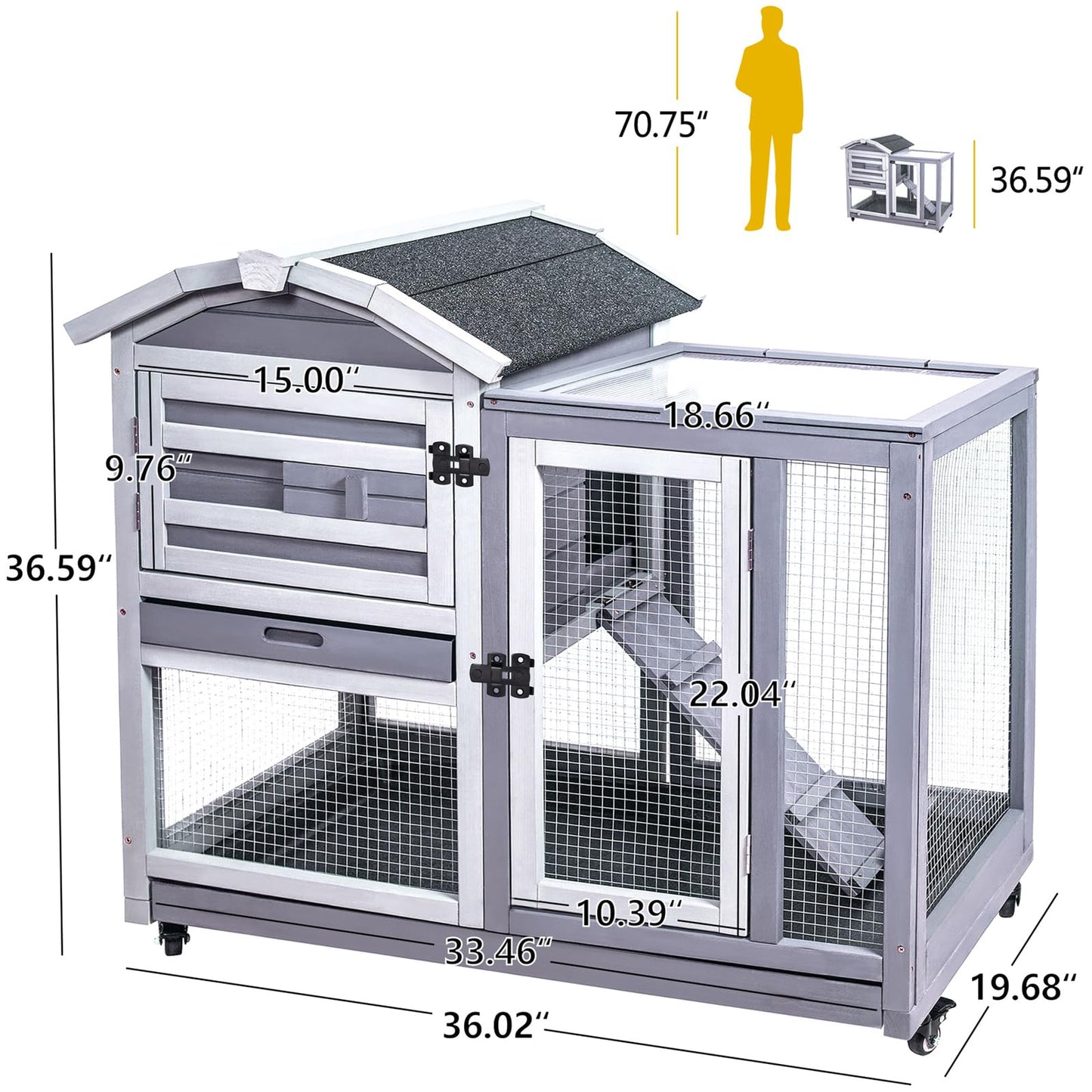 GEGURI Rabbit Hutch Indoor Outdoor, Bunny Cages Wooden Pet House for Guinea Pig with Wheels, Removable Tray, Ramp
