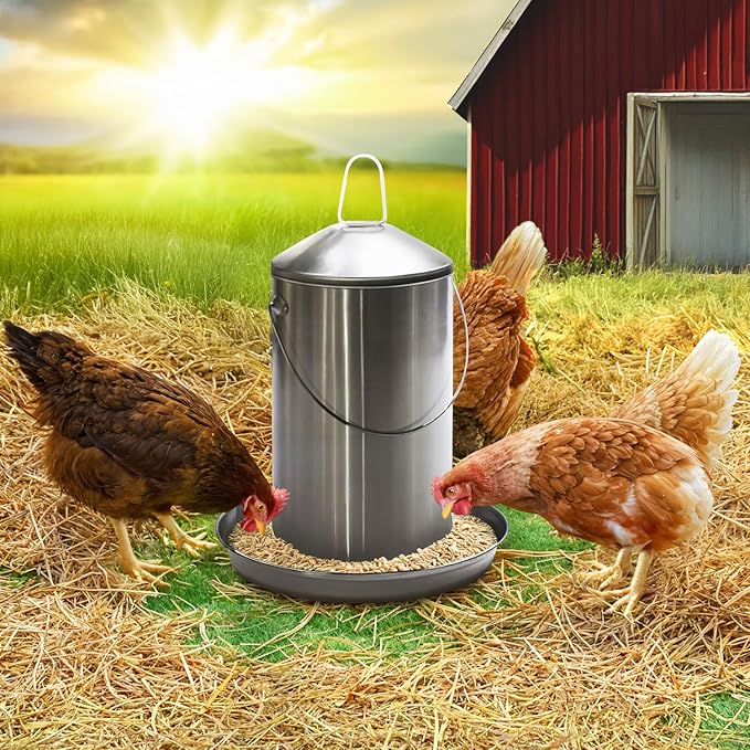 Plexon 8.8 Lb Stainless Steel Hanging Chicken Feeder no Waste Food-Grade - Duck Turkey Poultry Feeder for Chicken Metal - Heavy Duty Reliable Long-Lasting with Handle