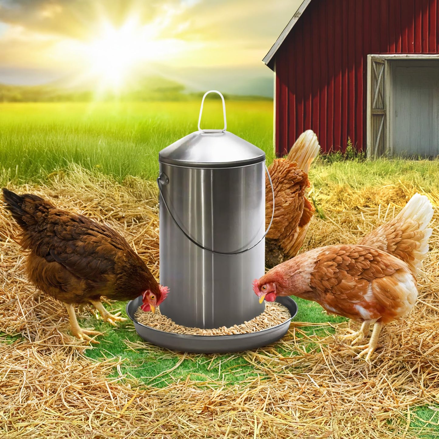 Plexon 8.8 Lb Stainless Steel Hanging Chicken Feeder no Waste Food-Grade - Duck Turkey Poultry Feeder for Chicken Metal - Heavy Duty Reliable Long-Lasting with Handle