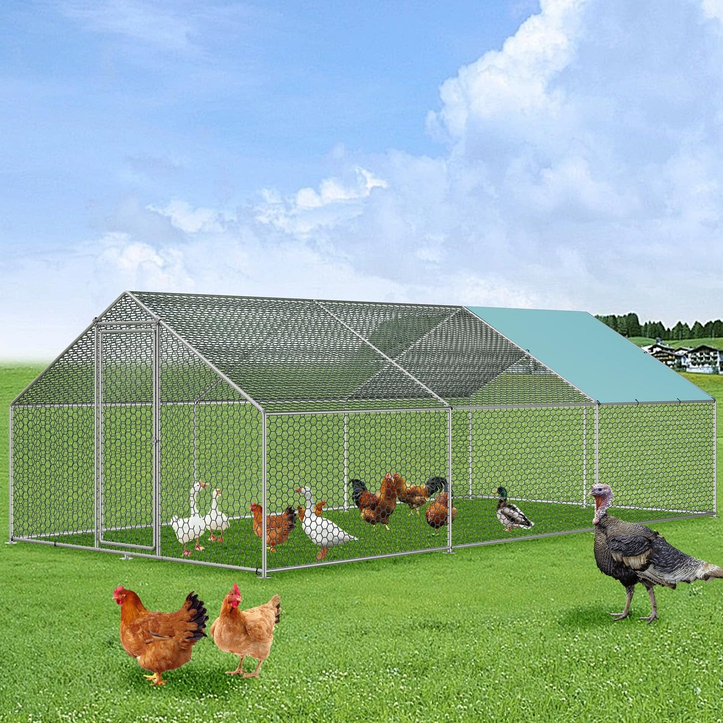 Vipbear Large Metal Chicken Coop Run with Immersed Wire Mesh, Chicken Coop for 8 Chickens Heavy Duty Chicken Run in for Yard with Waterproof Cover and Secure Lock,236'' L x 118''W x 77''H