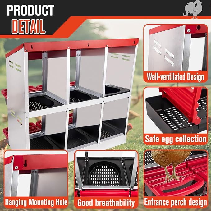 6 Hole Chicken Nesting Box - Heavy Duty Red Metal Roll Away Egg Laying Box for Hens with Perch & Ventilation - Wall Mount Poultry Coop Nest Box with Removable Tray