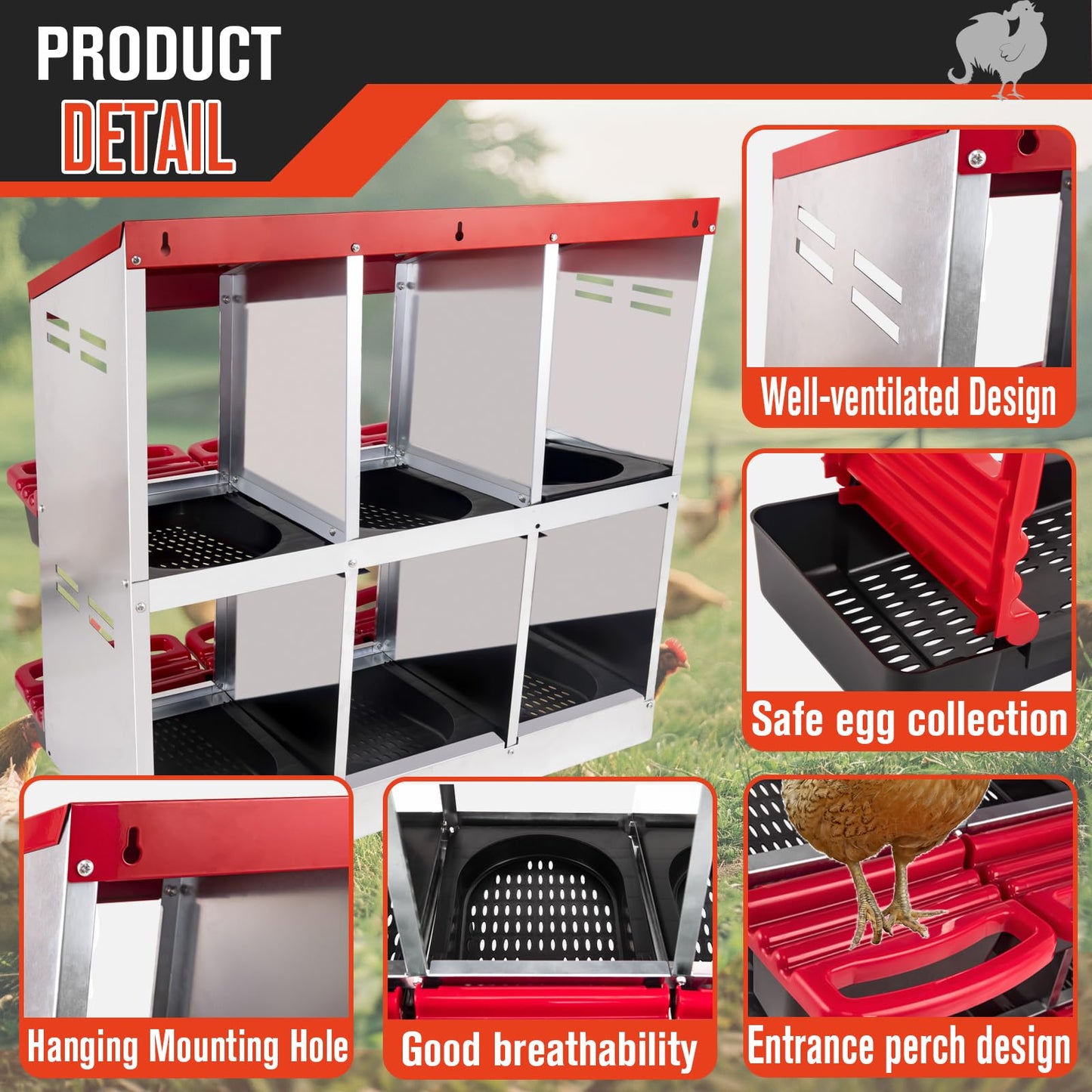 6 Hole Chicken Nesting Box - Heavy Duty Red Metal Roll Away Egg Laying Box for Hens with Perch & Ventilation - Wall Mount Poultry Coop Nest Box with Removable Tray