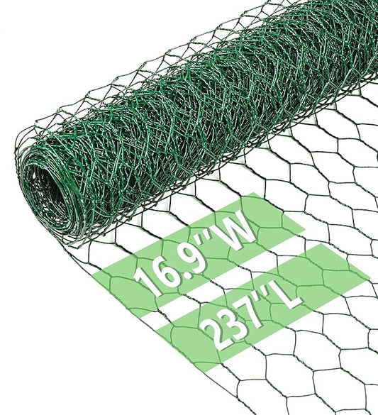 Chicken Wire 16.9 in x 237 in Poultry Wire Netting Hexagonal Galvanized Mesh Garden Fence Barrier for Pet Rabbit Chicken Fencing(PVC-Coated)