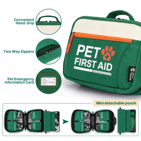 RHINO RESCUE Pet First Aid Kit, Emergency Medical Supplies for Dogs & Cats, Safety Essentials Pack with Thermometer, Disposable Booties for Home, Hiking, Traveling & Camping