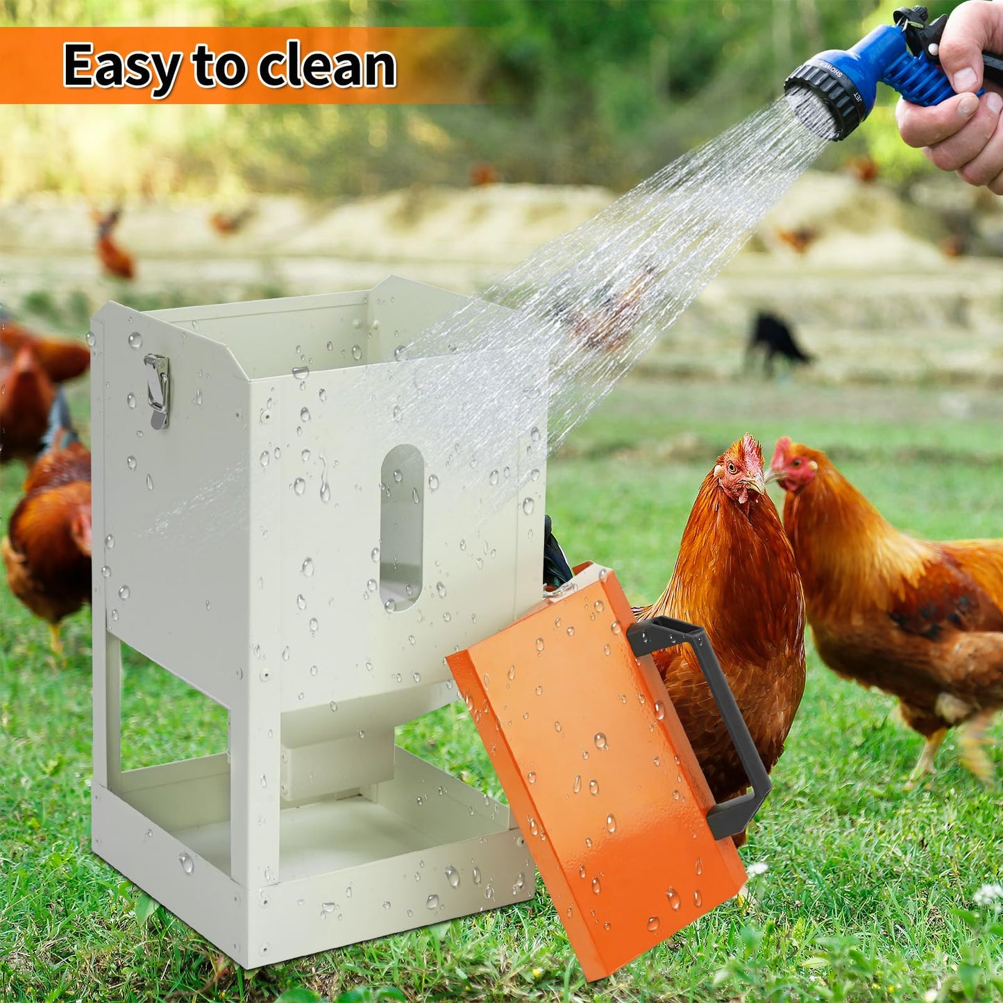 Galvanized Wall Mount Chicken Feeder No Waste Hanging Chicken Feeder with Lid Metal Automatic Poultry Feeder Trough Food Dispenser No Spill Mess Free for Chicken Duck Quail Geese Turkey