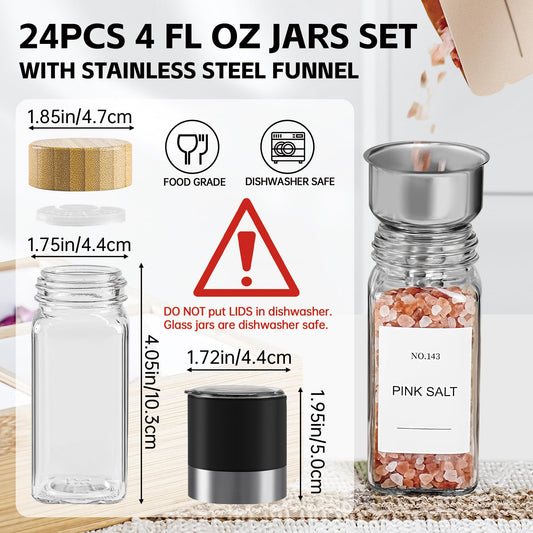 Miuyhji Spice Jars, 24 Pcs 4oz Seasoning Jars with Label, Glass Jars with Bamboo Lids, Spice Containers Bottles with Pepper Grinder & Stainless Steel Funnel for Seasoning Organizer, Cabinet, Drawer
