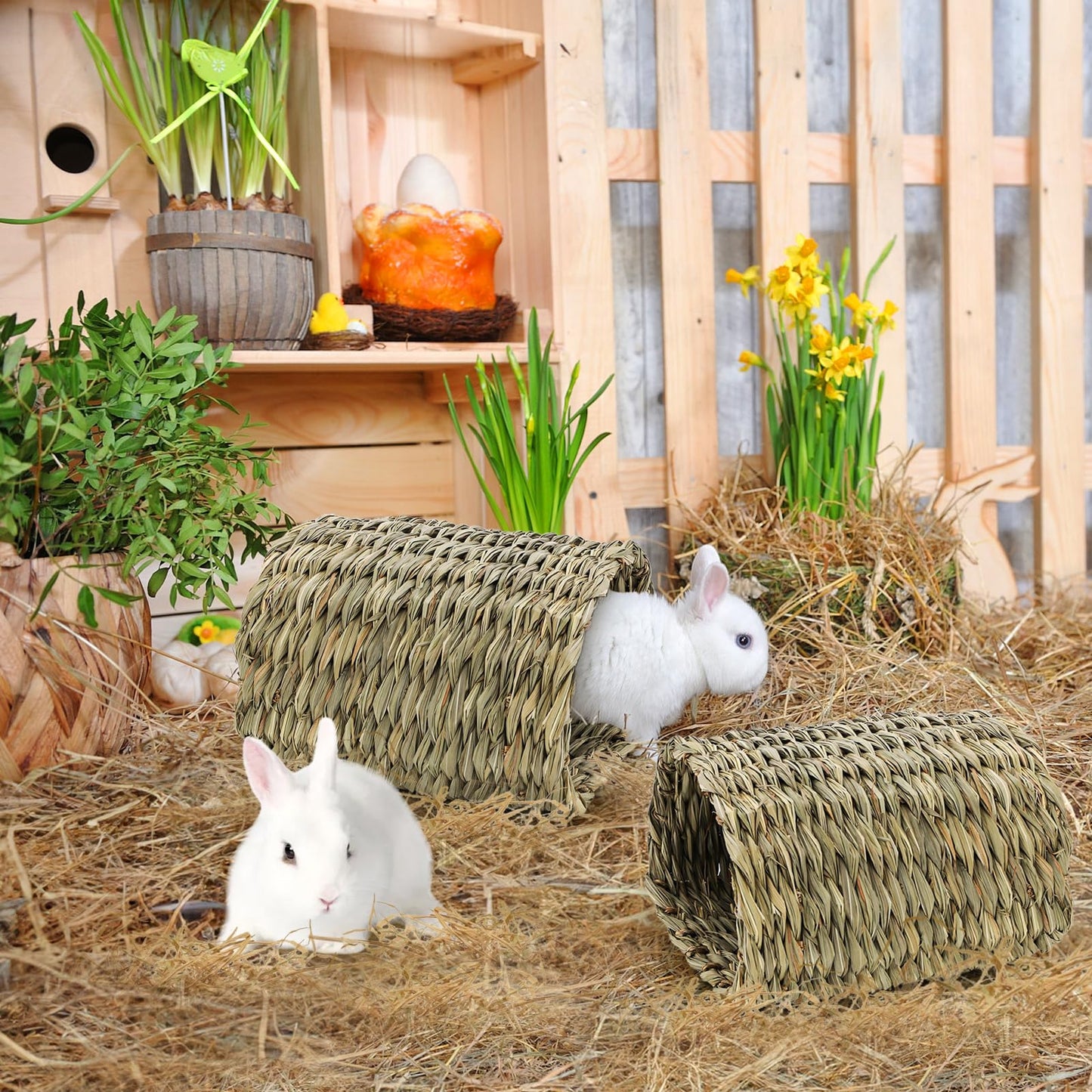 Yesland Rabbits Seagrass House Tunnel Hutch, Rabbits Natural Woven Hideaway Hut Hay Shelter for Bunny, Guinea Pigs, Chinchilla, Rats, Holland Hop, Cockatiels and Small