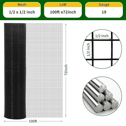 Hardware Cloth 1/2 inch 48 x 100 ft 19 Gauge Chicken Wire Fence Galvanized Steel Mesh Rolled Fencing for Garden Supports Poultry Netting Cage Snake Fence Tree Guard, Black