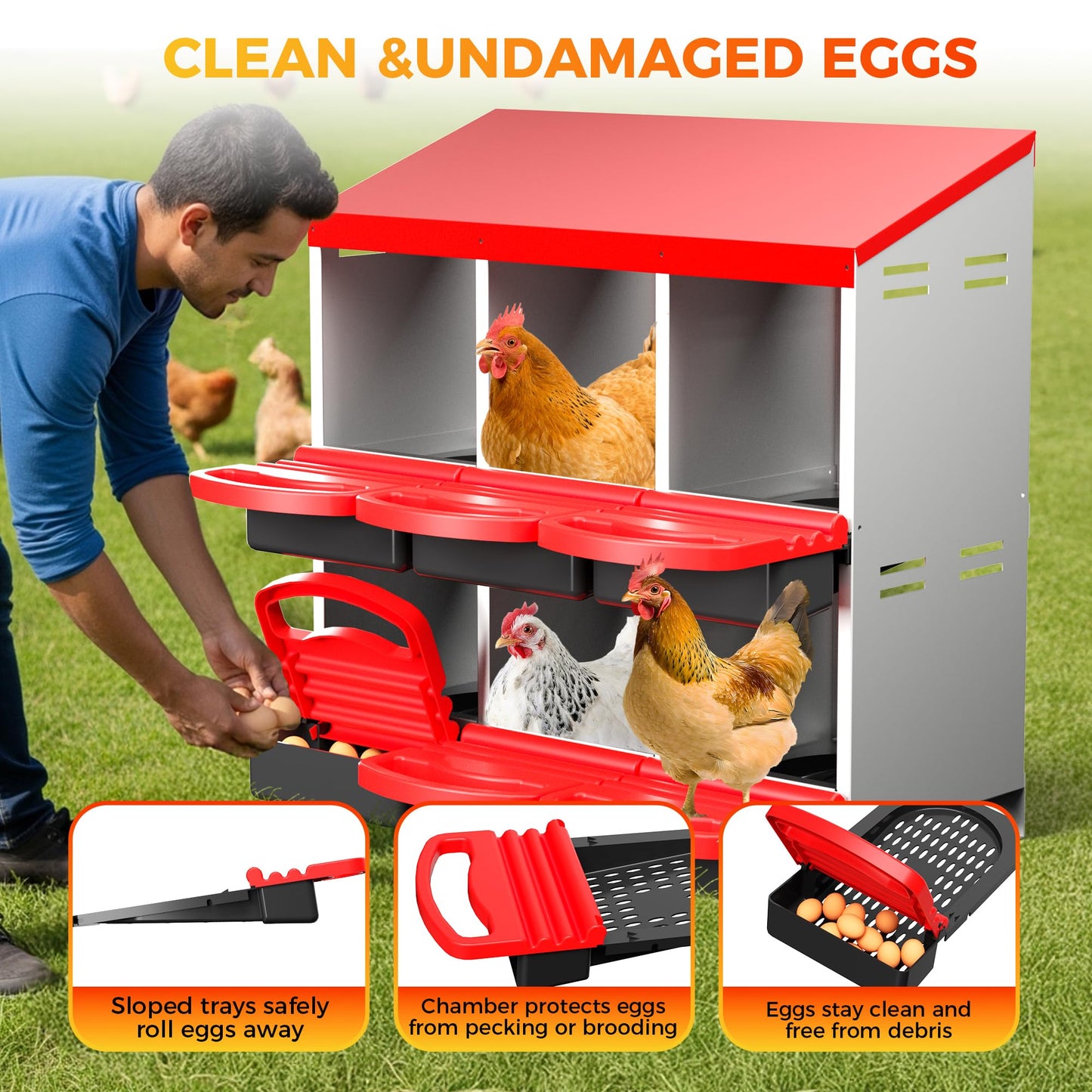 HOLIDAYMAP Nesting Boxes for Chickens, Chicken Nesting Box, 2 Layer Hen Nest Boxes for Chickens - 6 Hole Roll Away Heavy Duty Metal Chicken Coop Laying Box，Can Be Hung On The Wall